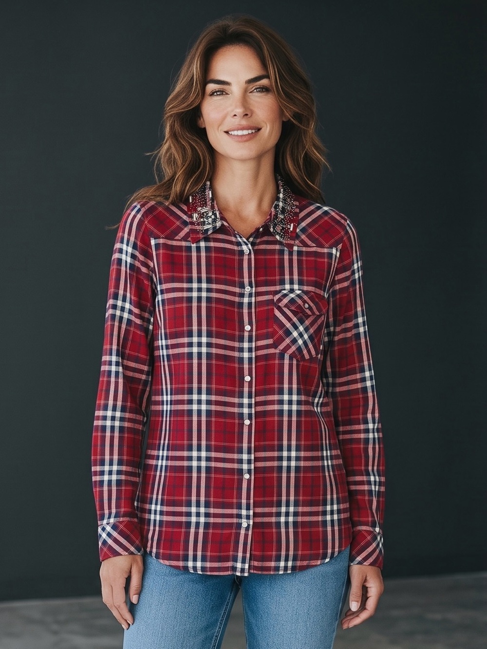 Guess Red Plaid Button-Down Cotton Shirt with Embellished Collar Size L